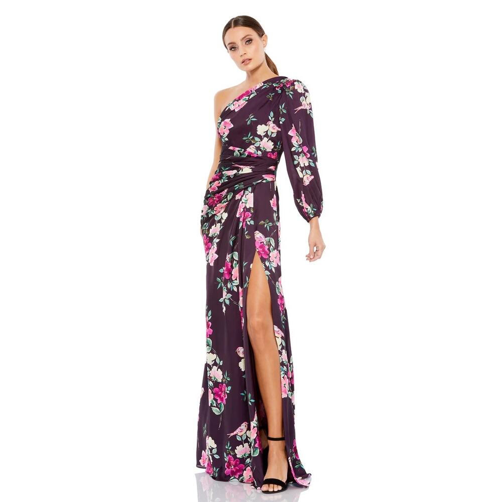 Mac Duggal 2634 Plum Purple Floral Print One Sleeve Slit Gown Size XL NWT